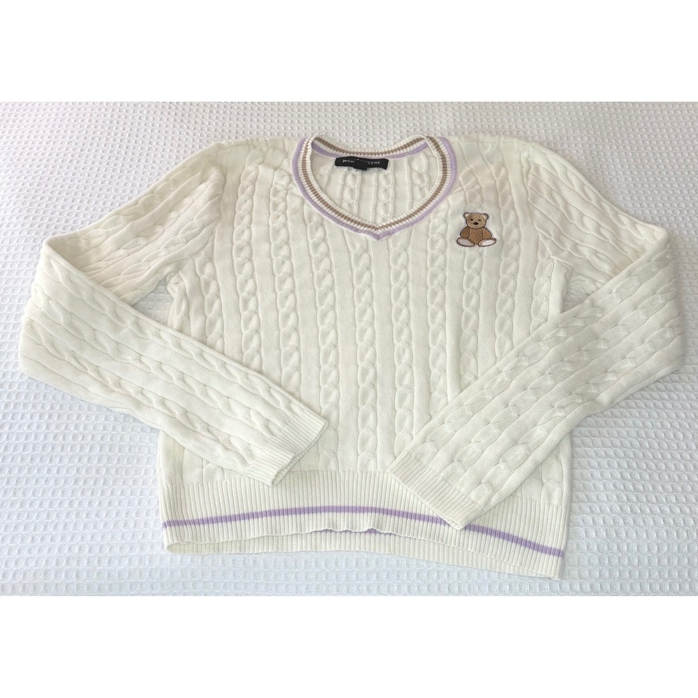 Social Scene Womens Cream Cable Knit Teddy Bear V-Neck‎ Sweater Cotton Large